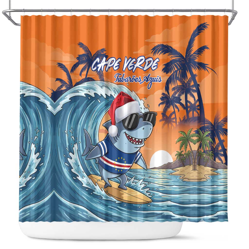 Cape Verde Christmas Shower Curtain Shark Surfing Holiday Beach Style - Wonder Print Shop