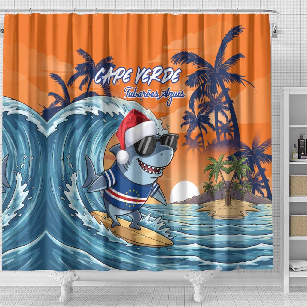 Cape Verde Christmas Shower Curtain Shark Surfing Holiday Beach Style - Wonder Print Shop