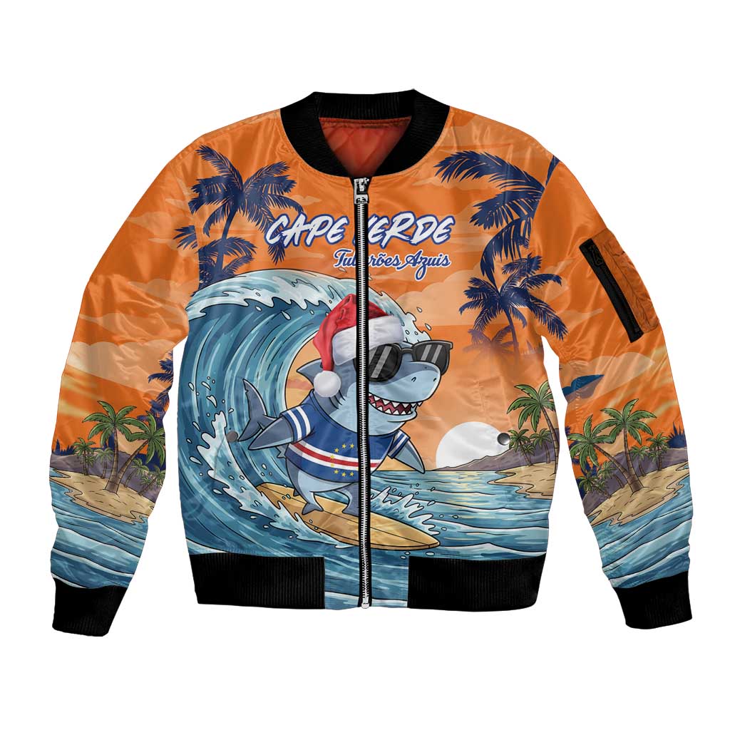 Cape Verde Christmas Sleeve Zip Bomber Jacket Shark Surfing Holiday Beach Style - Wonder Print Shop