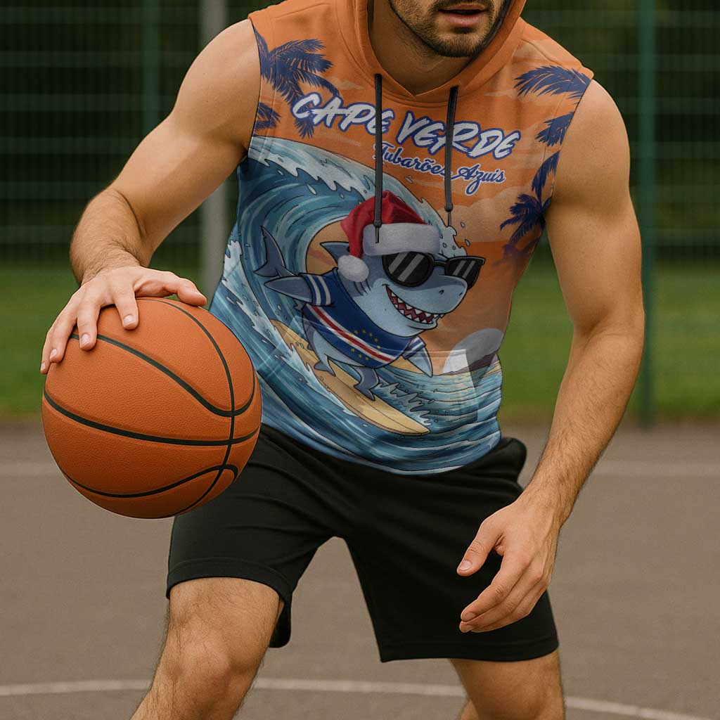 Cape Verde Christmas Sleeveless Hoodie Shark Surfing Holiday Beach Style - Wonder Print Shop