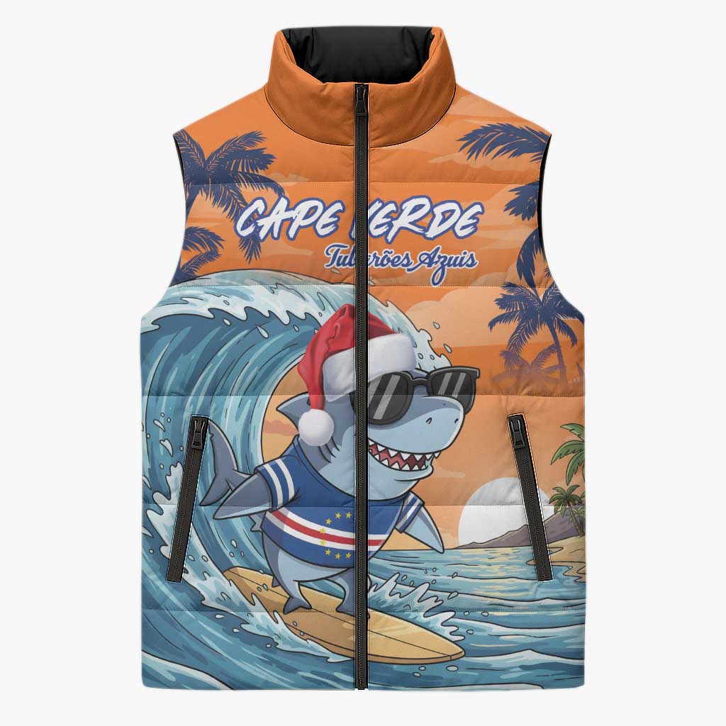 Cape Verde Christmas Sleeveless Puffer Jacket Shark Surfing Holiday Beach Style - Wonder Print Shop
