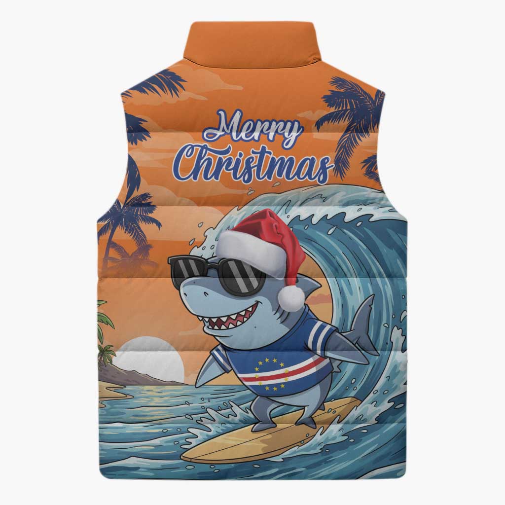 Cape Verde Christmas Sleeveless Puffer Jacket Shark Surfing Holiday Beach Style - Wonder Print Shop