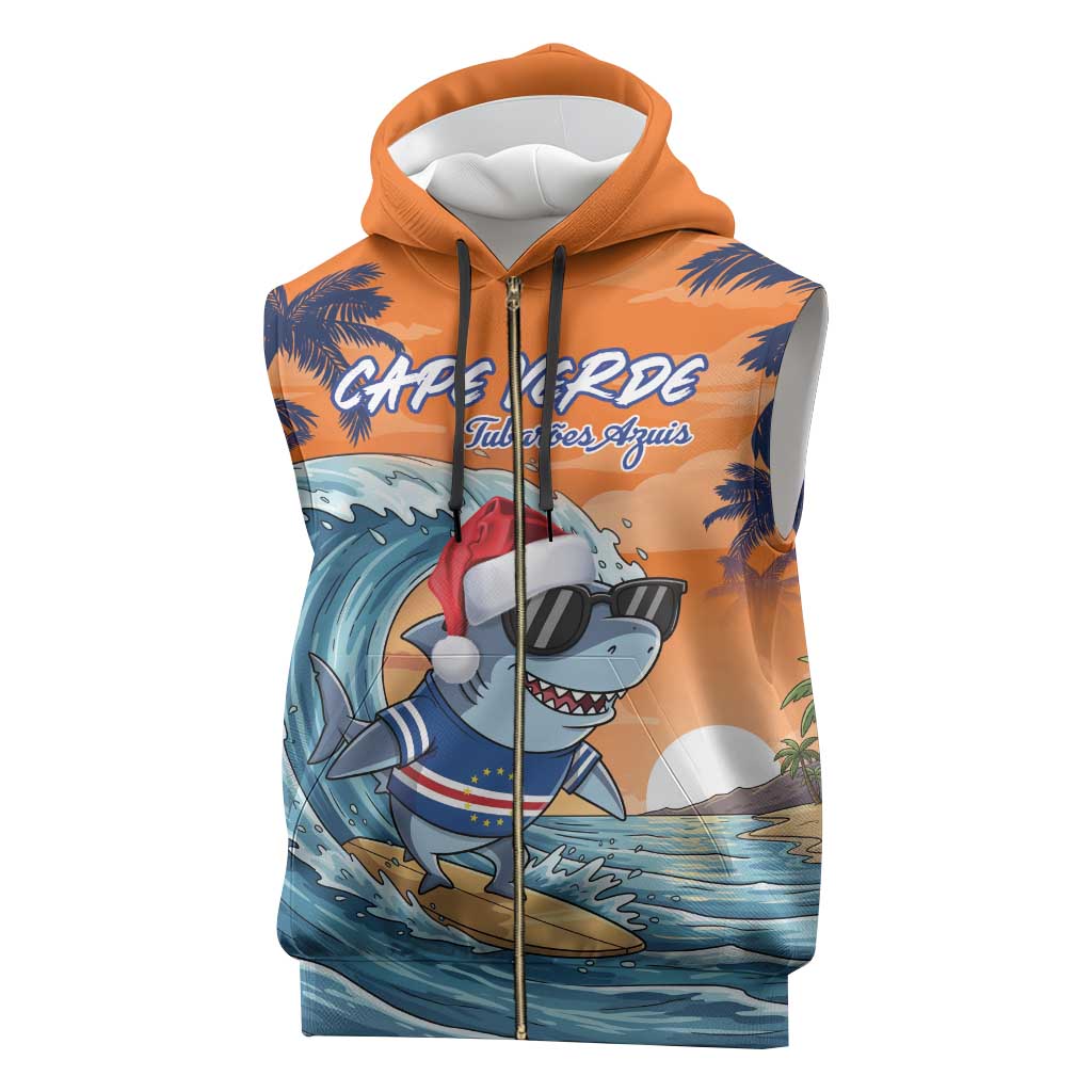 Cape Verde Christmas Sleeveless Zip Hoodie Shark Surfing Holiday Beach Style - Wonder Print Shop