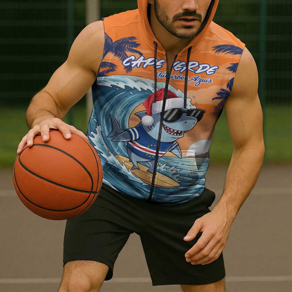 Cape Verde Christmas Sleeveless Zip Hoodie Shark Surfing Holiday Beach Style - Wonder Print Shop