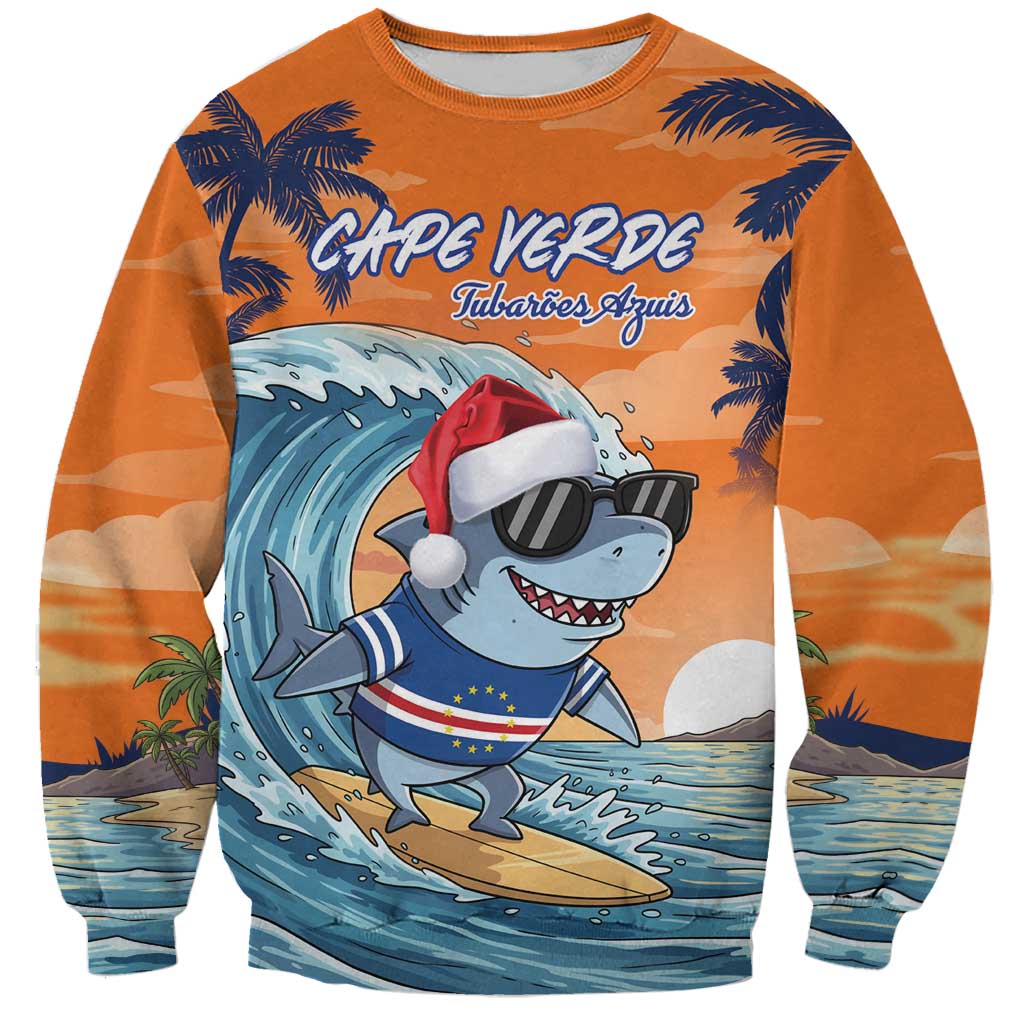 Cape Verde Christmas Sweatshirt Shark Surfing Holiday Beach Style - Wonder Print Shop