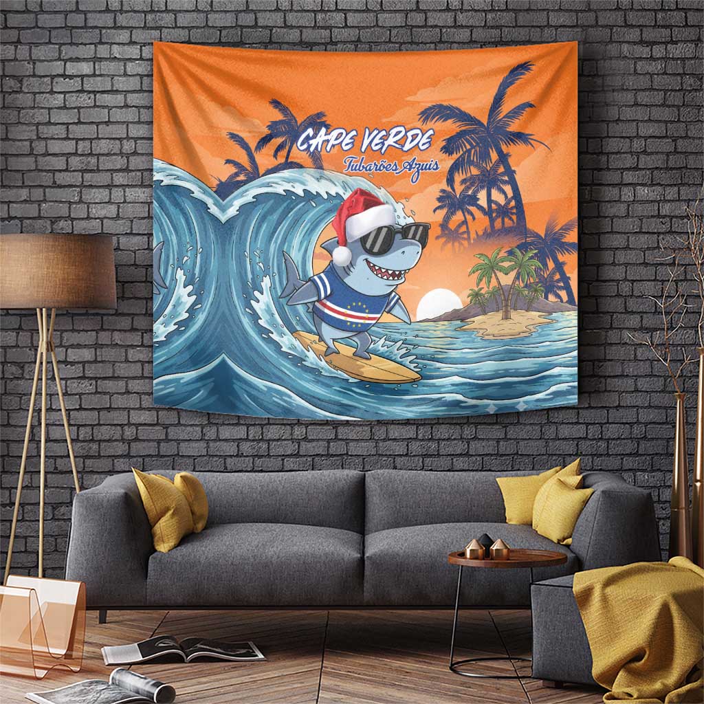 Cape Verde Christmas Tapestry Shark Surfing Holiday Beach Style - Wonder Print Shop