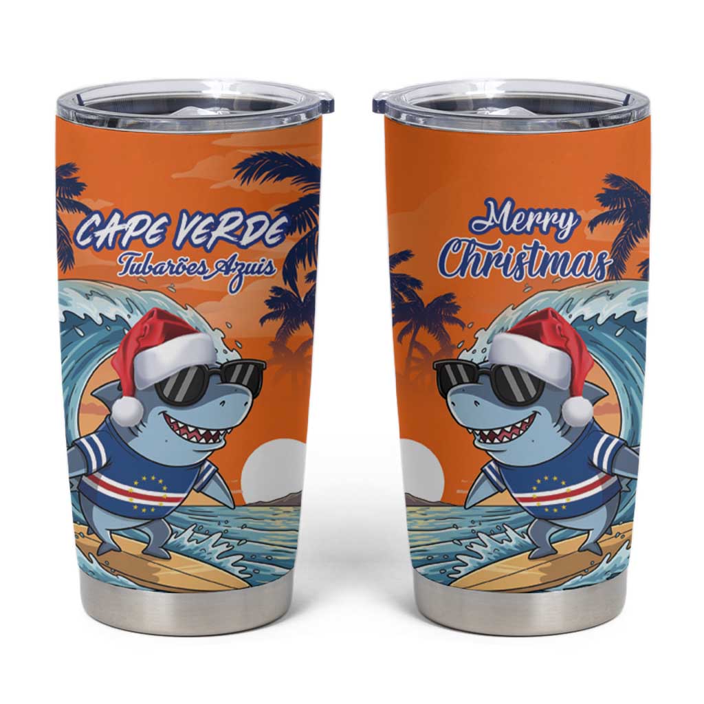 Cape Verde Christmas Tumbler Cup Shark Surfing Holiday Beach Style - Wonder Print Shop