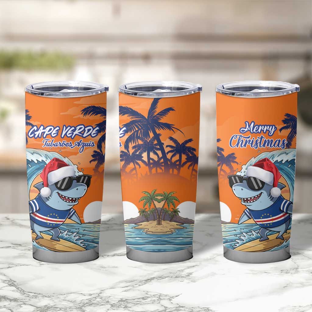 Cape Verde Christmas Tumbler Cup Shark Surfing Holiday Beach Style - Wonder Print Shop