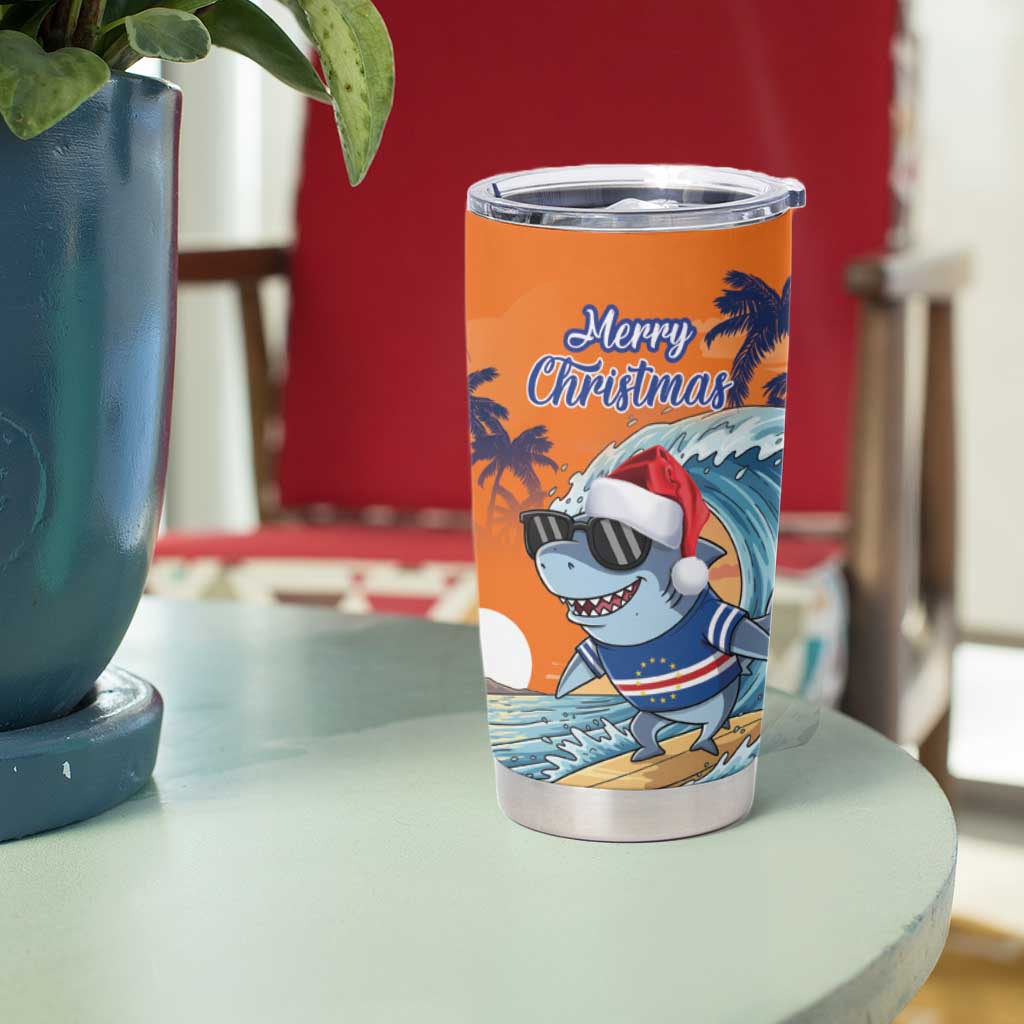 Cape Verde Christmas Tumbler Cup Shark Surfing Holiday Beach Style - Wonder Print Shop