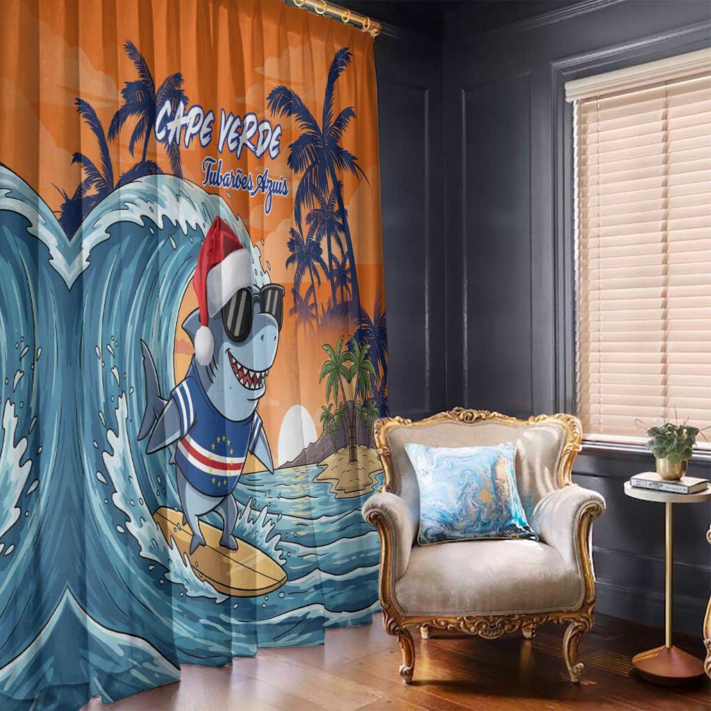 Cape Verde Christmas Window Curtain Shark Surfing Holiday Beach Style - Wonder Print Shop