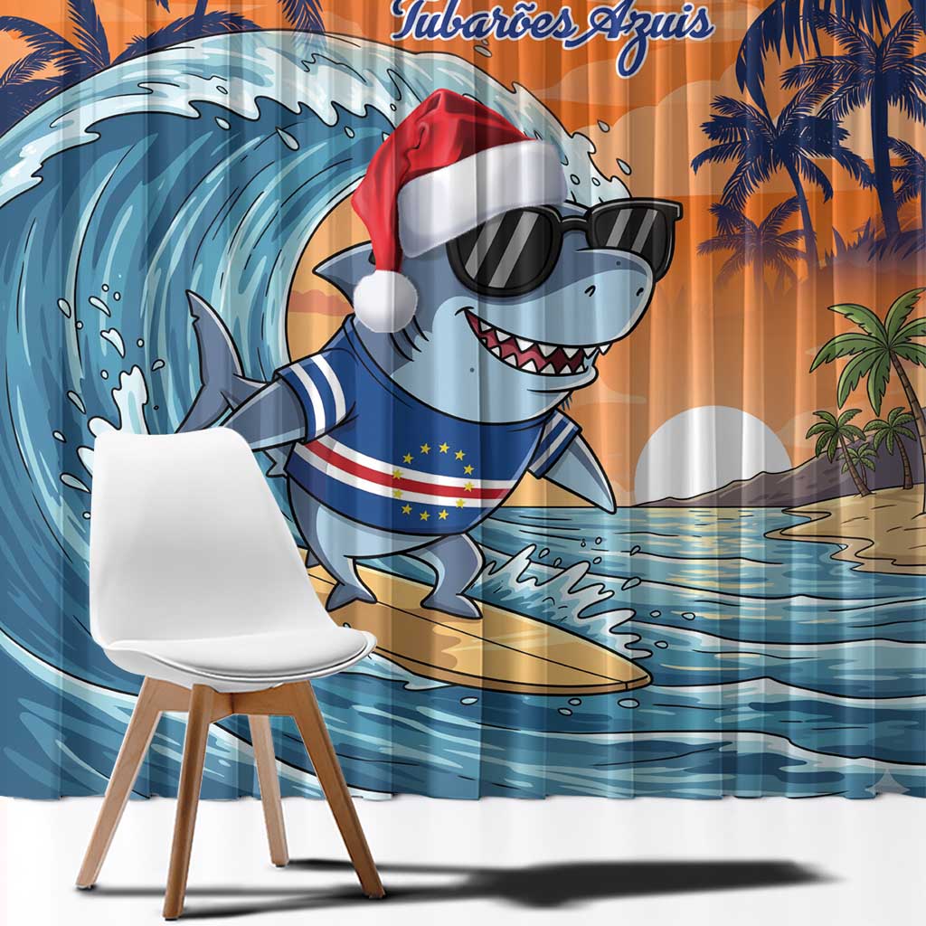 Cape Verde Christmas Window Curtain Shark Surfing Holiday Beach Style - Wonder Print Shop