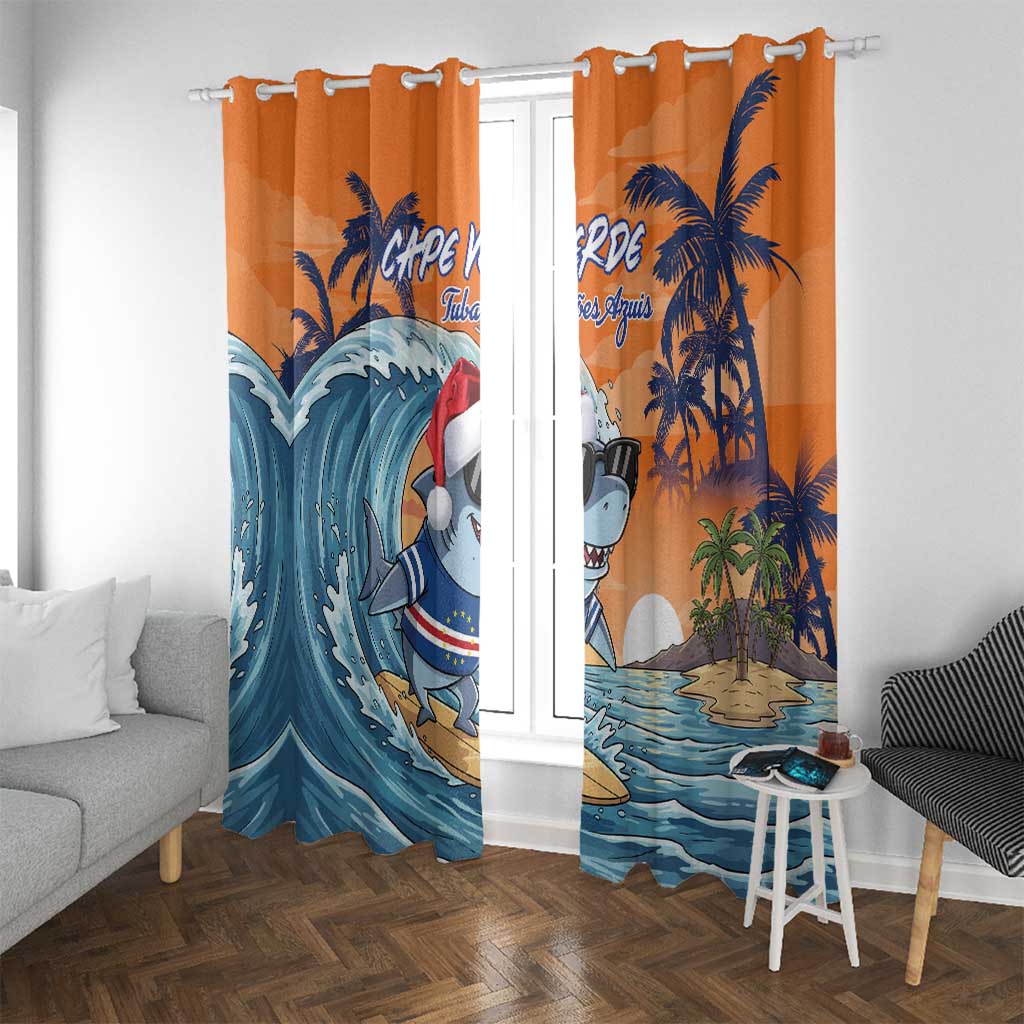 Cape Verde Christmas Window Curtain Shark Surfing Holiday Beach Style - Wonder Print Shop