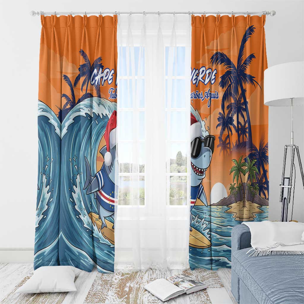 Cape Verde Christmas Window Curtain Shark Surfing Holiday Beach Style - Wonder Print Shop