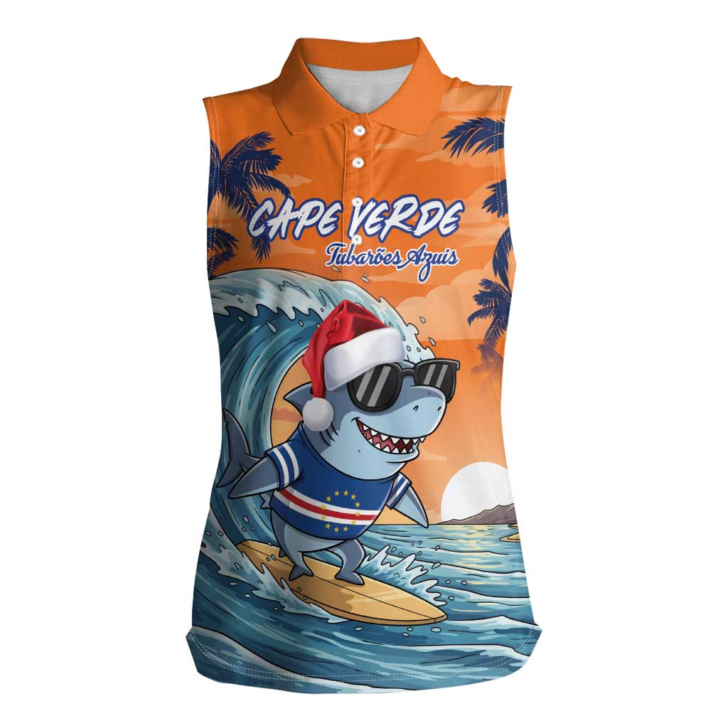Cape Verde Christmas Women Sleeveless Polo Shirt Shark Surfing Holiday Beach Style - Wonder Print Shop