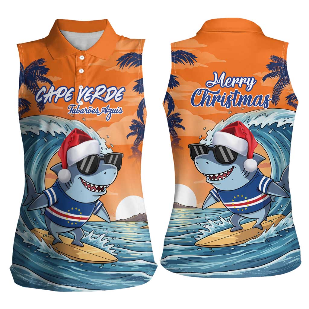 Cape Verde Christmas Women Sleeveless Polo Shirt Shark Surfing Holiday Beach Style - Wonder Print Shop