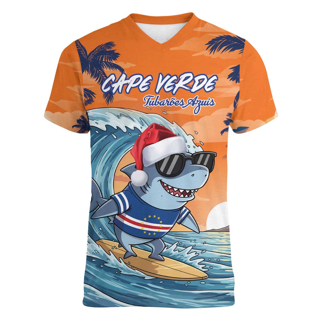 Cape Verde Christmas Women V-Neck T-Shirt Shark Surfing Holiday Beach Style - Wonder Print Shop