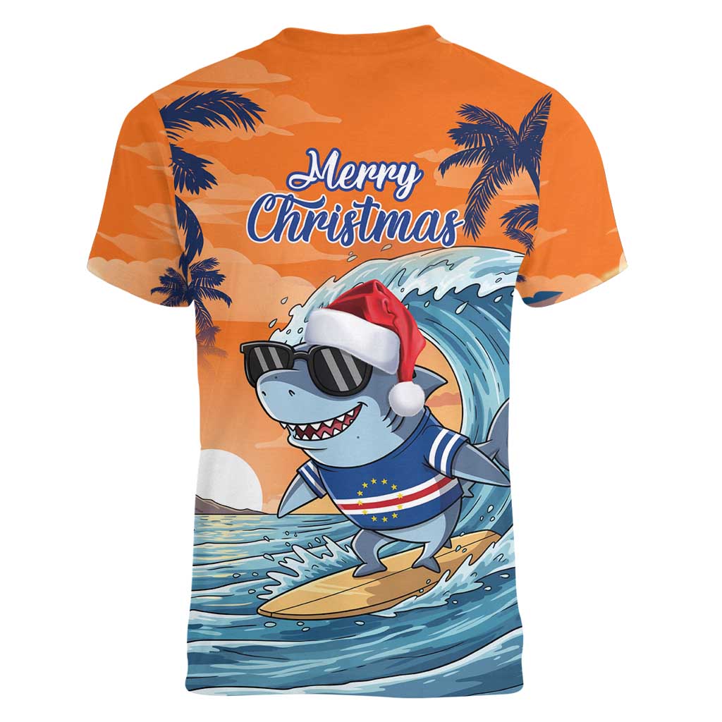 Cape Verde Christmas Women V-Neck T-Shirt Shark Surfing Holiday Beach Style - Wonder Print Shop