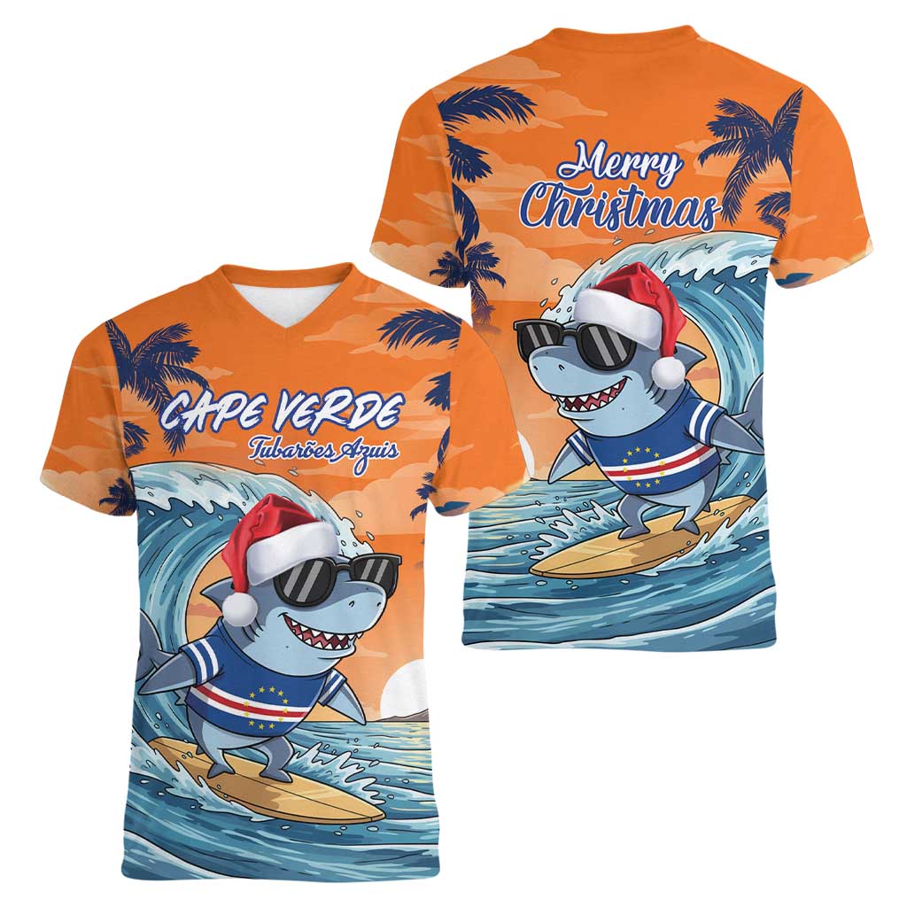 Cape Verde Christmas Women V-Neck T-Shirt Shark Surfing Holiday Beach Style - Wonder Print Shop
