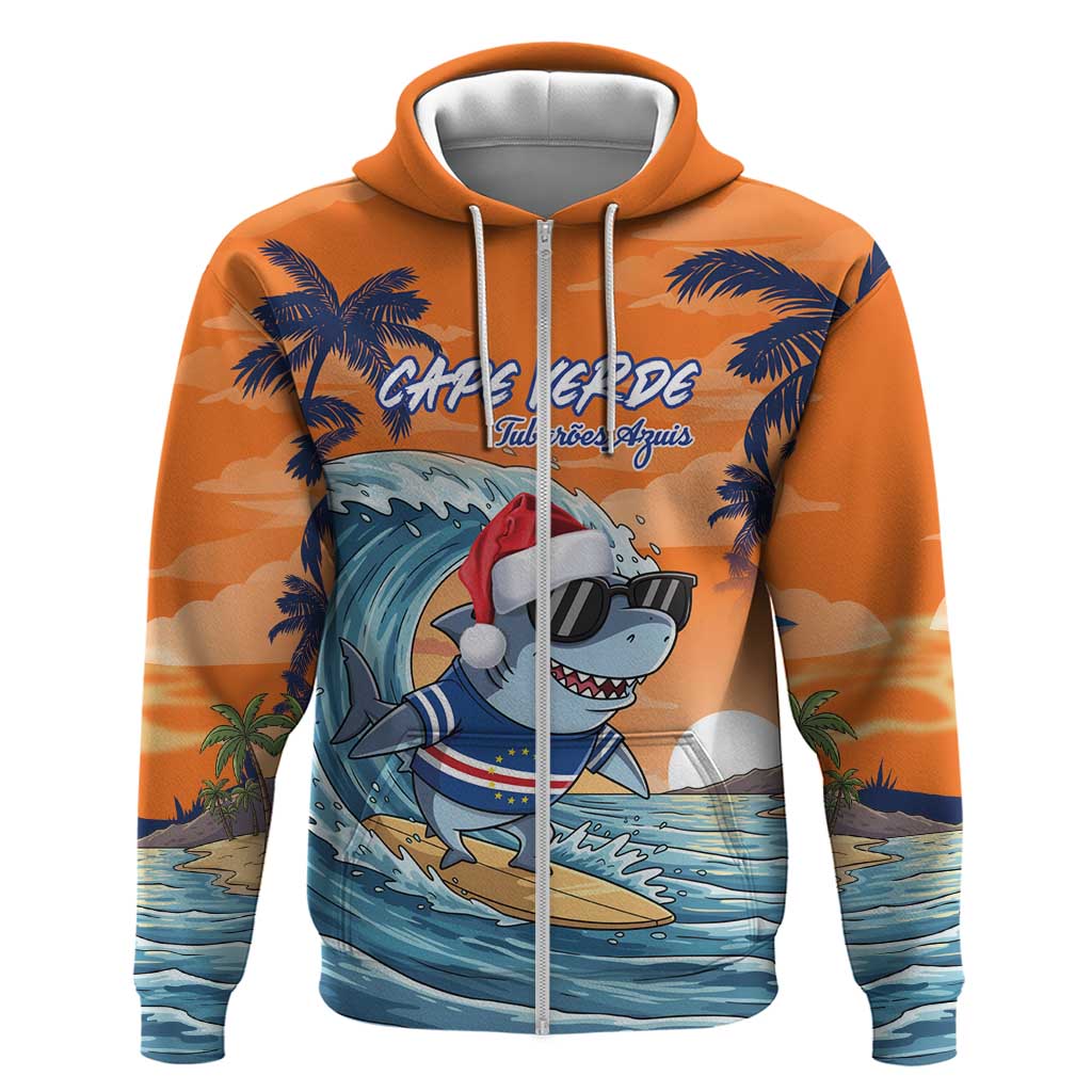 Cape Verde Christmas Zip Hoodie Shark Surfing Holiday Beach Style - Wonder Print Shop