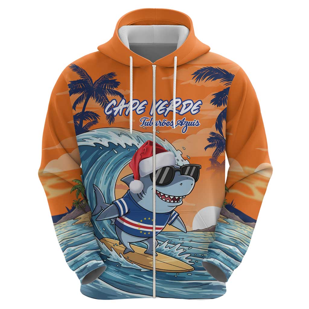 Cape Verde Christmas Zip Hoodie Shark Surfing Holiday Beach Style - Wonder Print Shop
