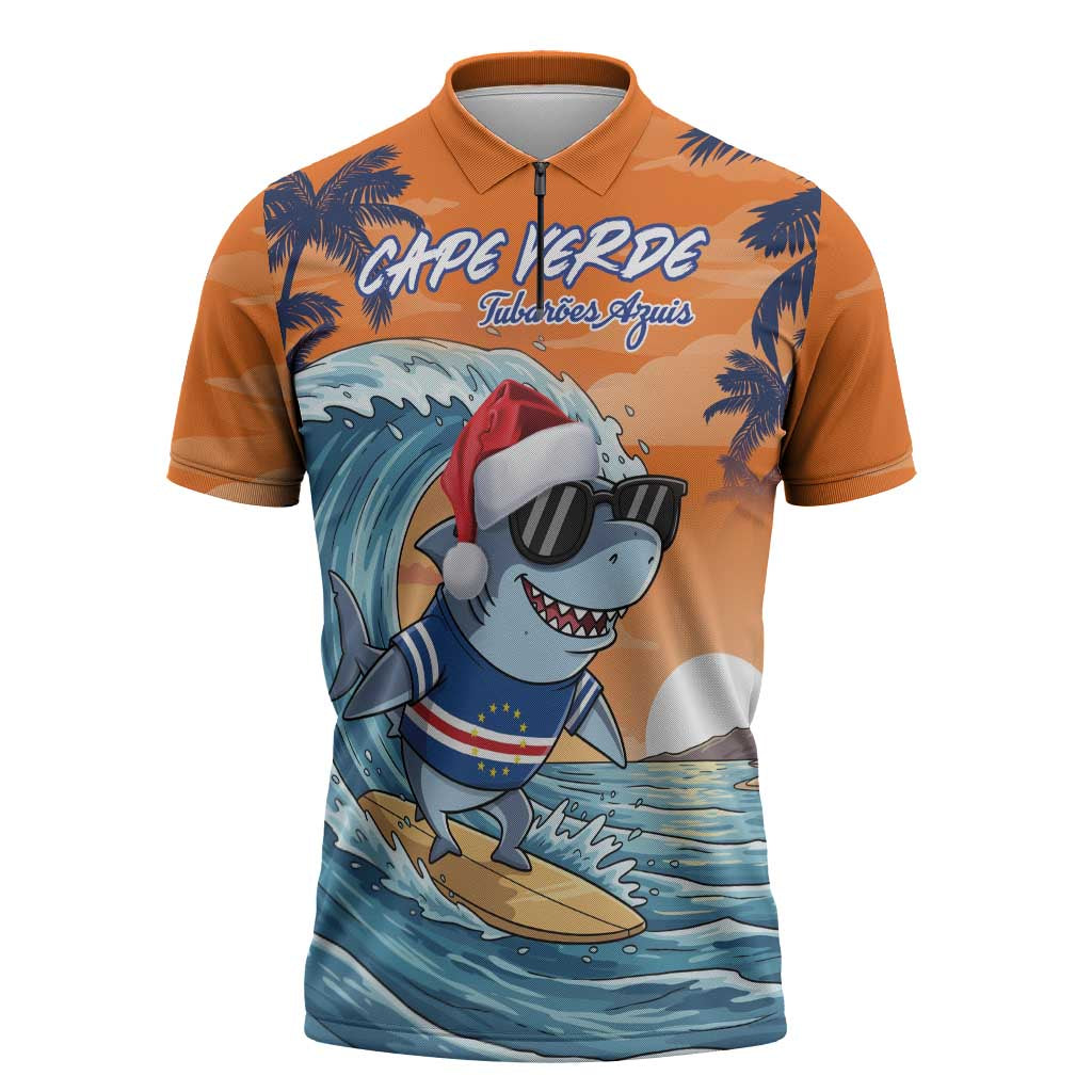 Cape Verde Christmas Zipper Polo Shirt Shark Surfing Holiday Beach Style - Wonder Print Shop