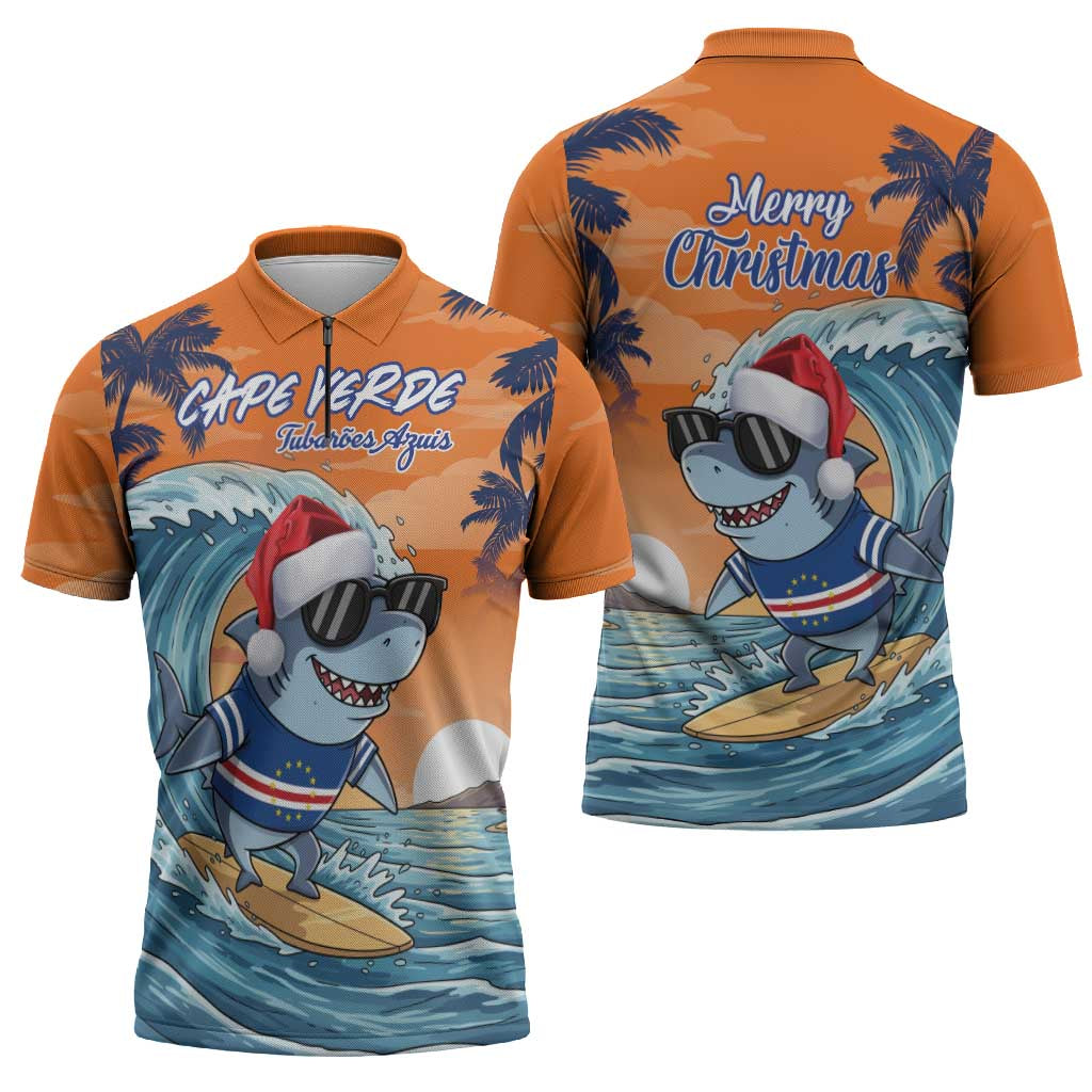 Cape Verde Christmas Zipper Polo Shirt Shark Surfing Holiday Beach Style - Wonder Print Shop