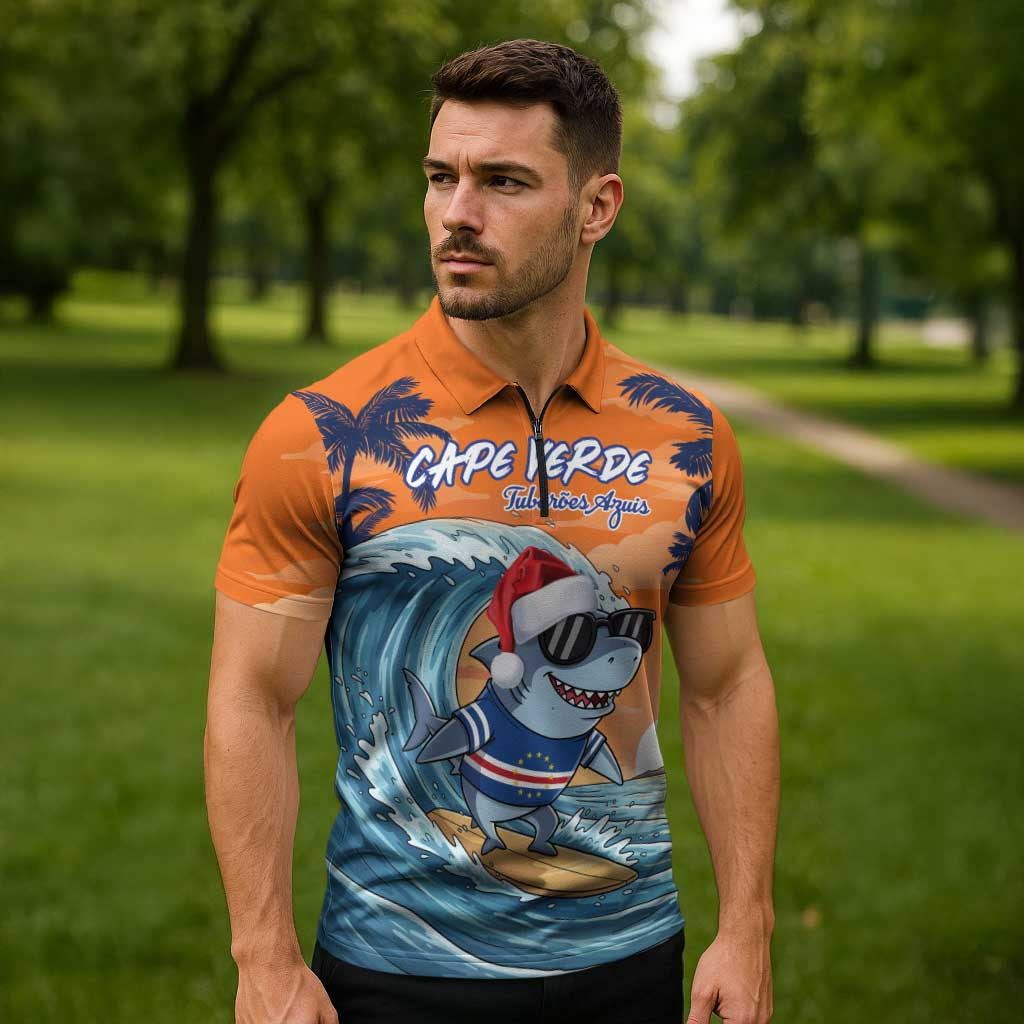 Cape Verde Christmas Zipper Polo Shirt Shark Surfing Holiday Beach Style - Wonder Print Shop