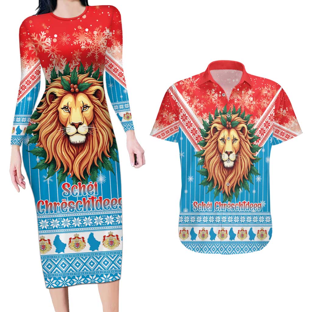 Luxembourg Christmas Couples Matching Long Sleeve Bodycon Dress and Hawaiian Shirt Schei Chreschtdeeg Xmas Pattern - Wonder Print Shop