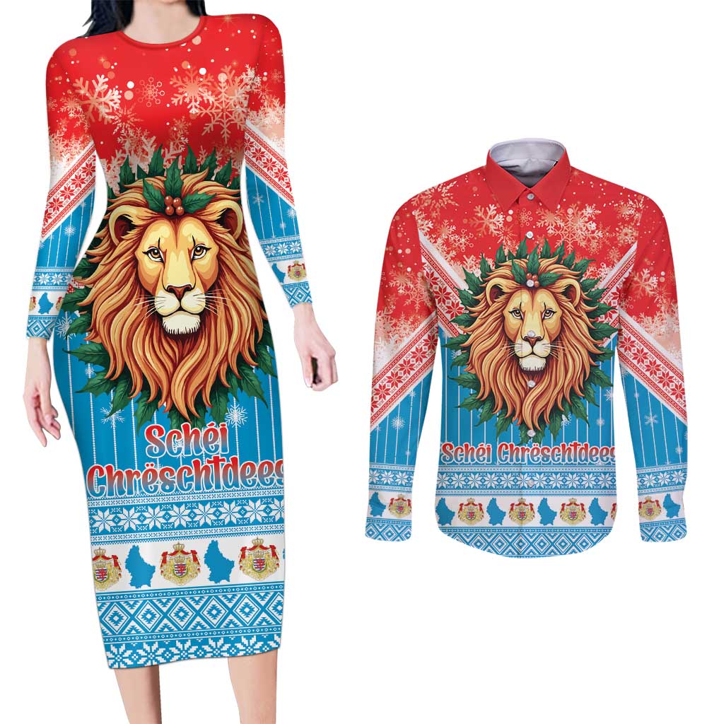 Luxembourg Christmas Couples Matching Long Sleeve Bodycon Dress and Long Sleeve Button Shirt Schei Chreschtdeeg Xmas Pattern - Wonder Print Shop
