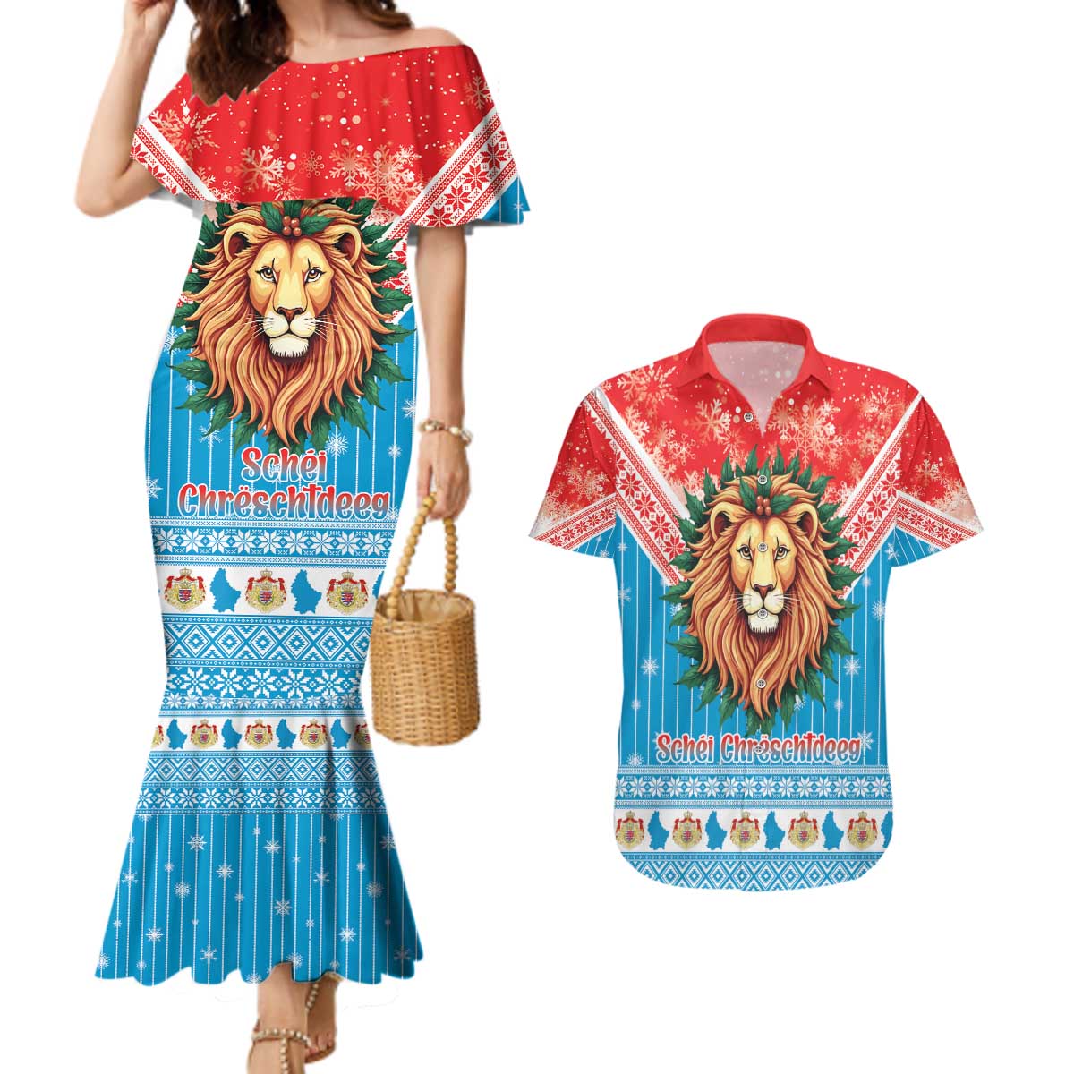 Luxembourg Christmas Couples Matching Mermaid Dress and Hawaiian Shirt Schei Chreschtdeeg Xmas Pattern - Wonder Print Shop
