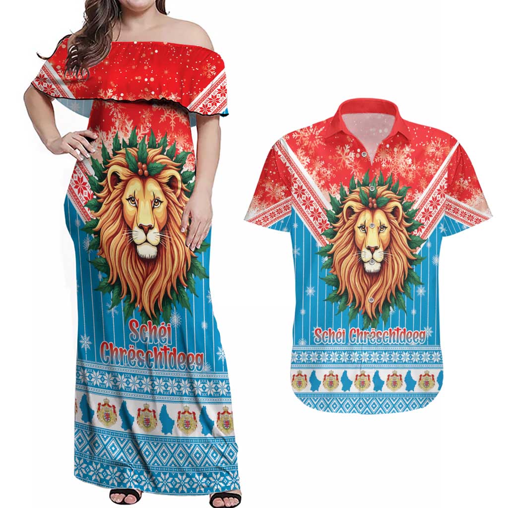 Luxembourg Christmas Couples Matching Off Shoulder Maxi Dress and Hawaiian Shirt Schei Chreschtdeeg Xmas Pattern - Wonder Print Shop
