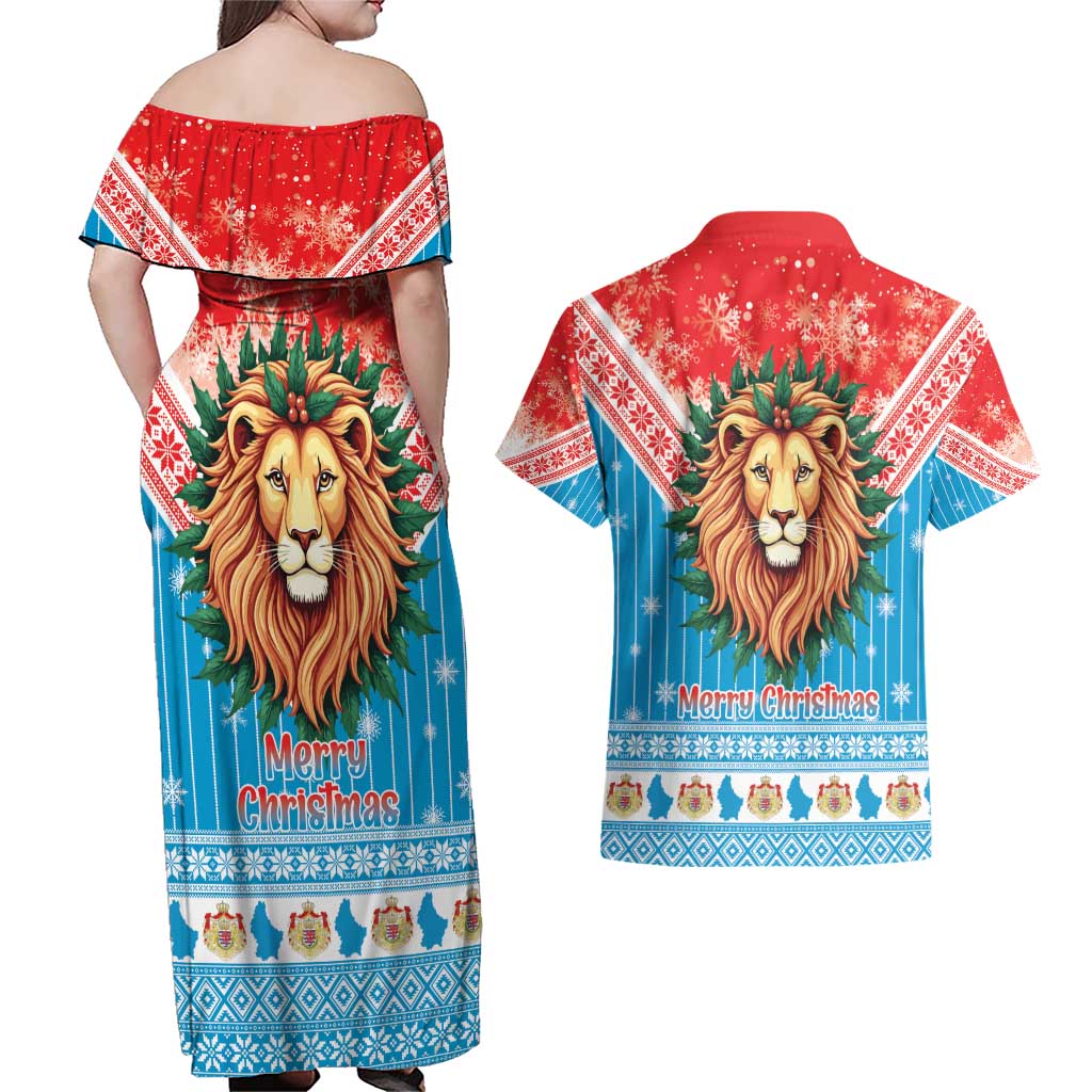 Luxembourg Christmas Couples Matching Off Shoulder Maxi Dress and Hawaiian Shirt Schei Chreschtdeeg Xmas Pattern - Wonder Print Shop