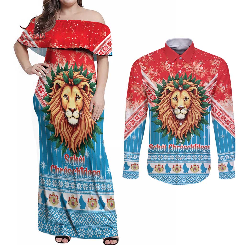 Luxembourg Christmas Couples Matching Off Shoulder Maxi Dress and Long Sleeve Button Shirt Schei Chreschtdeeg Xmas Pattern - Wonder Print Shop