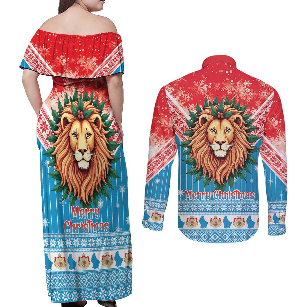 Luxembourg Christmas Couples Matching Off Shoulder Maxi Dress and Long Sleeve Button Shirt Schei Chreschtdeeg Xmas Pattern - Wonder Print Shop