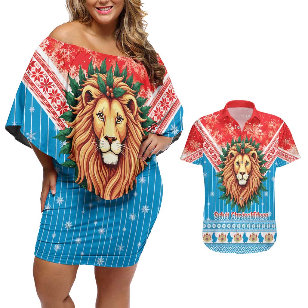 Luxembourg Christmas Couples Matching Off Shoulder Short Dress and Hawaiian Shirt Schei Chreschtdeeg Xmas Pattern - Wonder Print Shop
