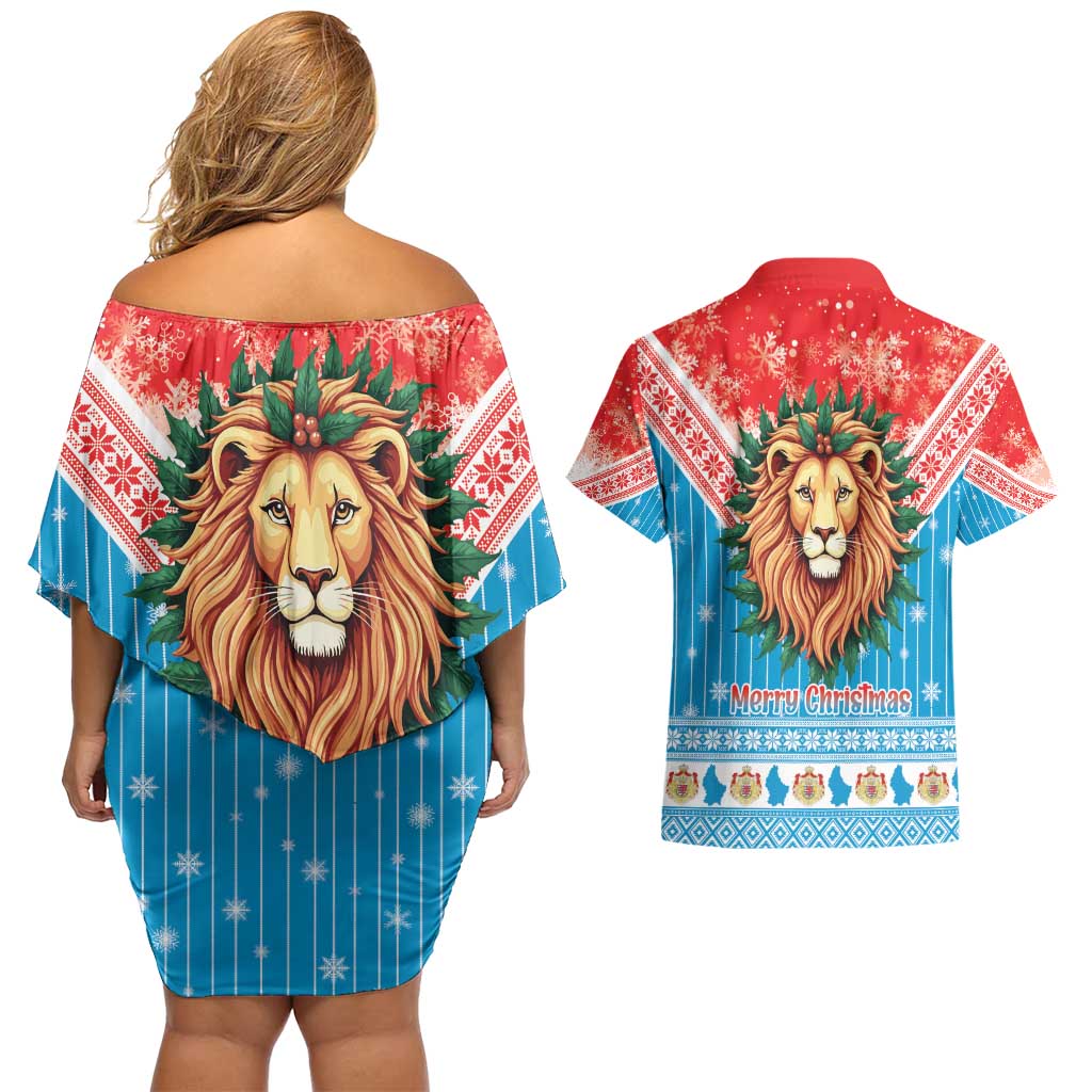 Luxembourg Christmas Couples Matching Off Shoulder Short Dress and Hawaiian Shirt Schei Chreschtdeeg Xmas Pattern - Wonder Print Shop