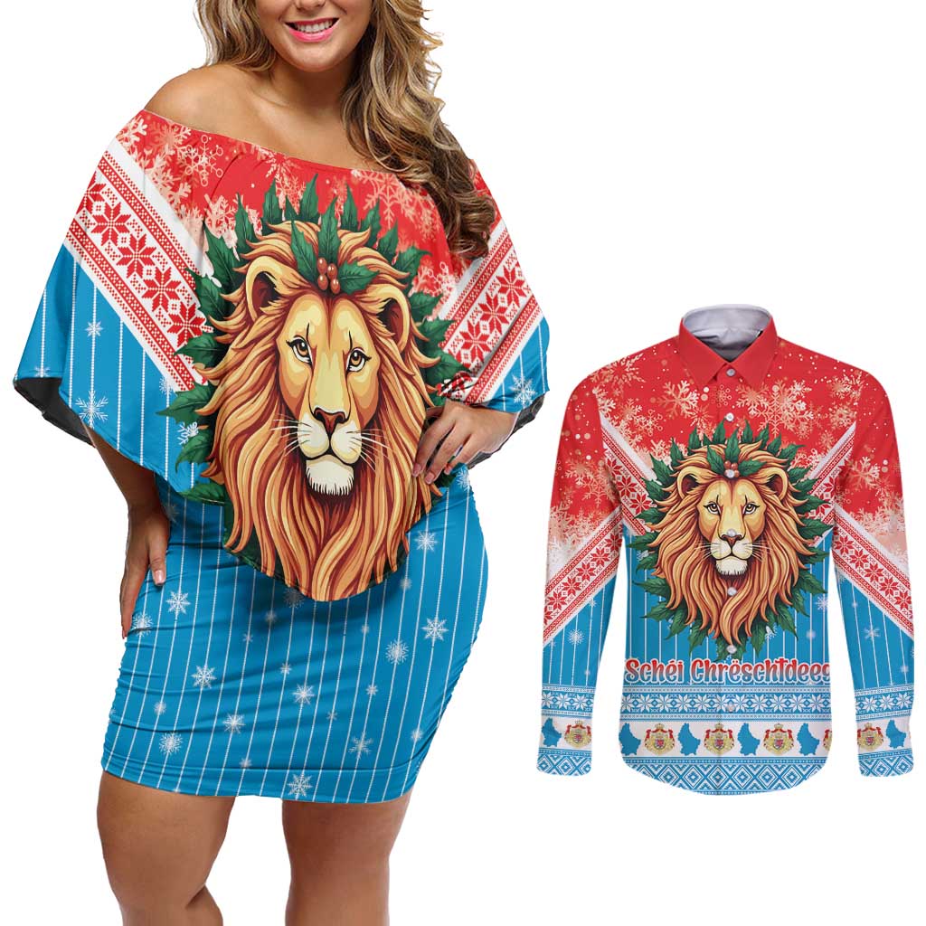 Luxembourg Christmas Couples Matching Off Shoulder Short Dress and Long Sleeve Button Shirt Schei Chreschtdeeg Xmas Pattern - Wonder Print Shop