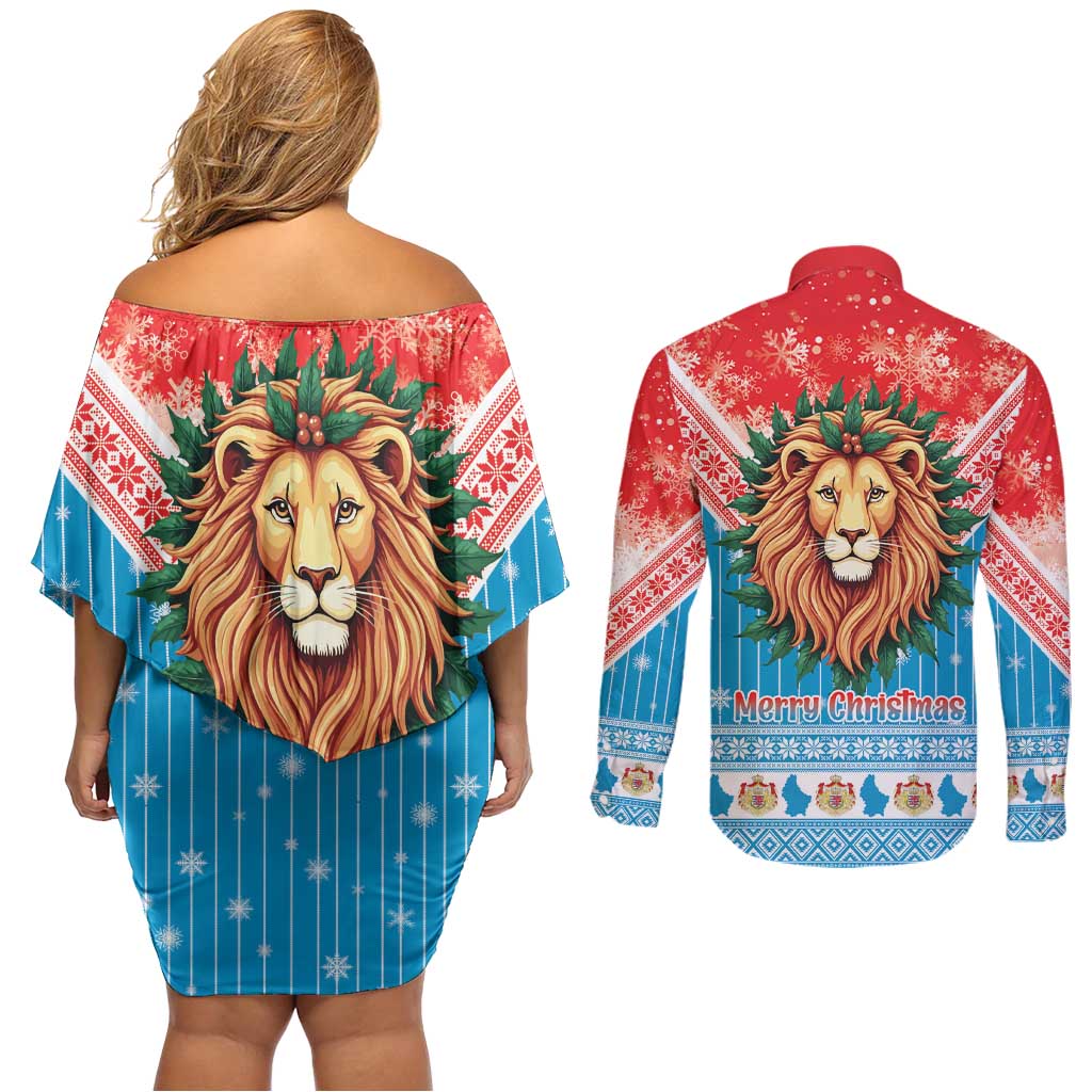 Luxembourg Christmas Couples Matching Off Shoulder Short Dress and Long Sleeve Button Shirt Schei Chreschtdeeg Xmas Pattern - Wonder Print Shop