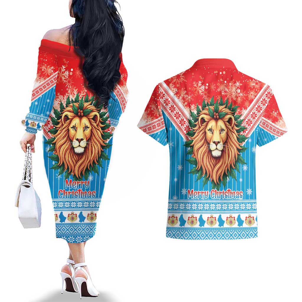 Luxembourg Christmas Couples Matching Off The Shoulder Long Sleeve Dress and Hawaiian Shirt Schei Chreschtdeeg Xmas Pattern - Wonder Print Shop