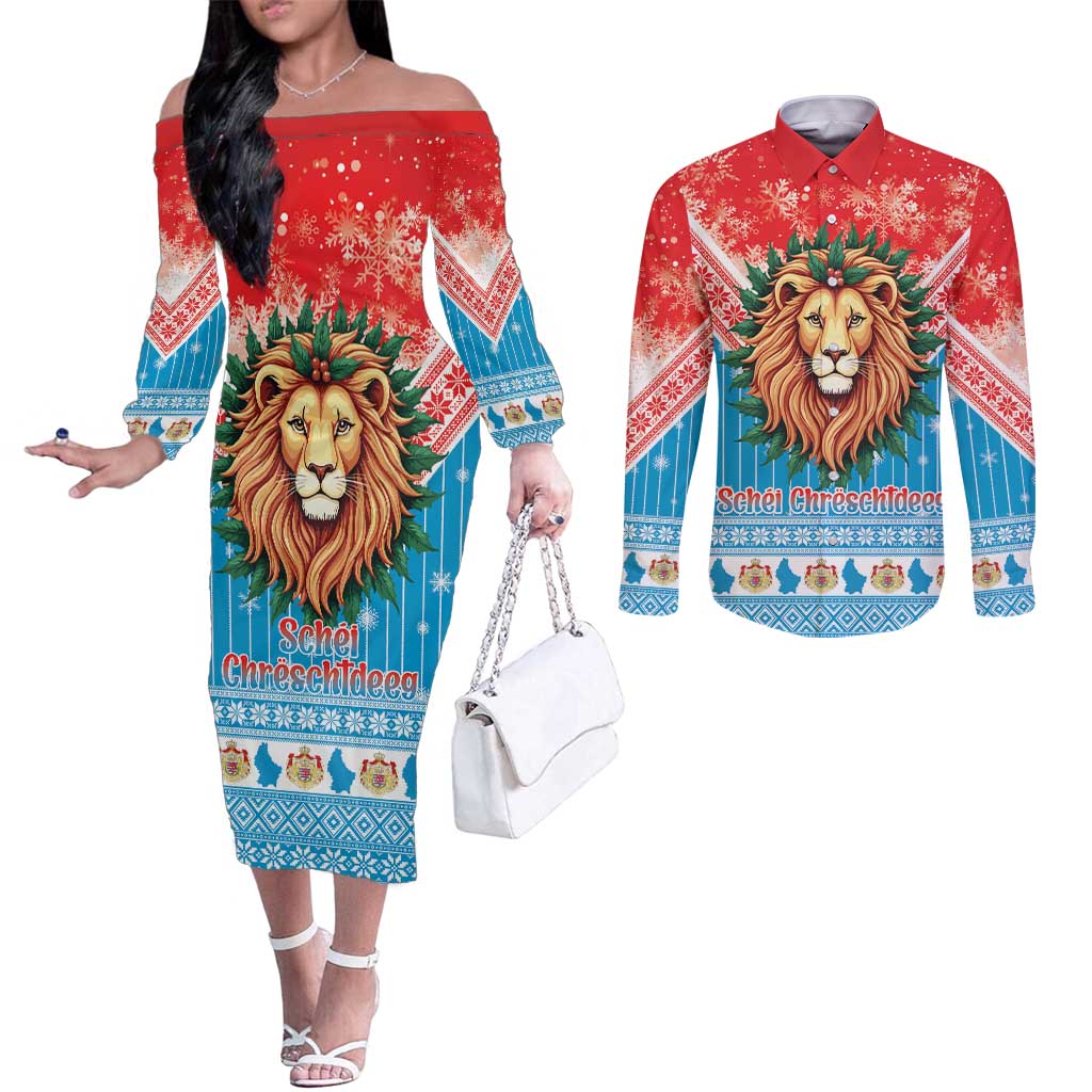 Luxembourg Christmas Couples Matching Off The Shoulder Long Sleeve Dress and Long Sleeve Button Shirt Schei Chreschtdeeg Xmas Pattern - Wonder Print Shop