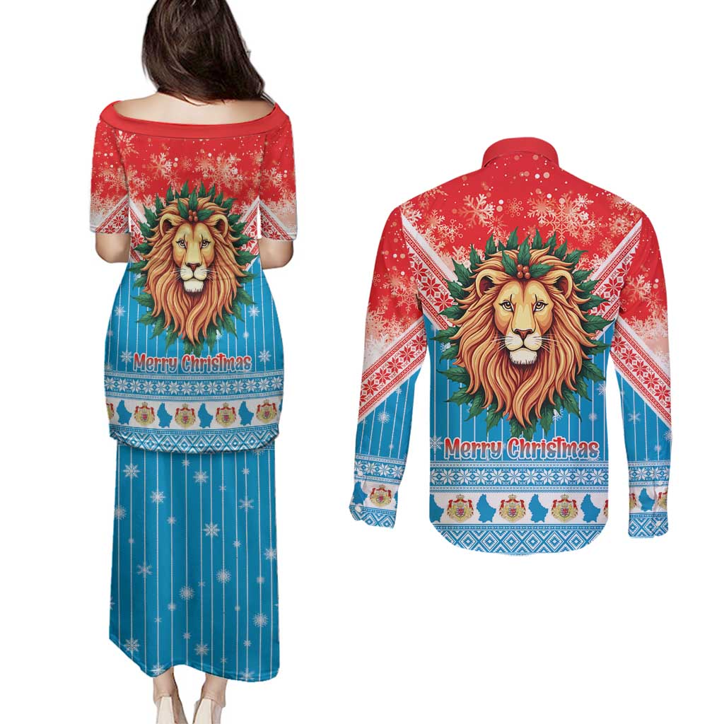 Luxembourg Christmas Couples Matching Puletasi and Long Sleeve Button Shirt Schei Chreschtdeeg Xmas Pattern - Wonder Print Shop