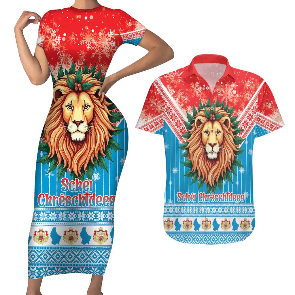 Luxembourg Christmas Couples Matching Short Sleeve Bodycon Dress and Hawaiian Shirt Schei Chreschtdeeg Xmas Pattern - Wonder Print Shop