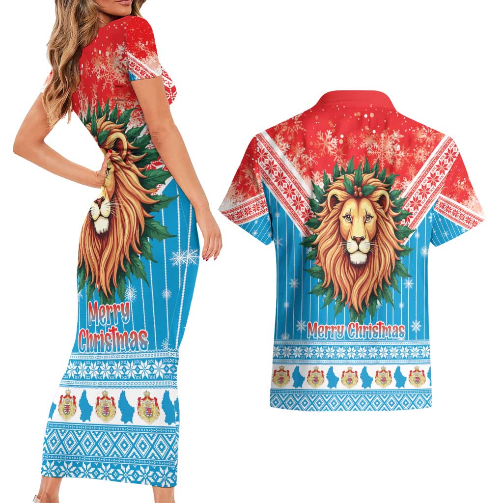 Luxembourg Christmas Couples Matching Short Sleeve Bodycon Dress and Hawaiian Shirt Schei Chreschtdeeg Xmas Pattern - Wonder Print Shop
