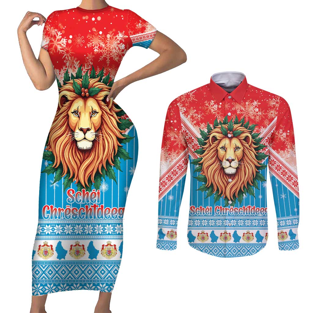 Luxembourg Christmas Couples Matching Short Sleeve Bodycon Dress and Long Sleeve Button Shirt Schei Chreschtdeeg Xmas Pattern - Wonder Print Shop