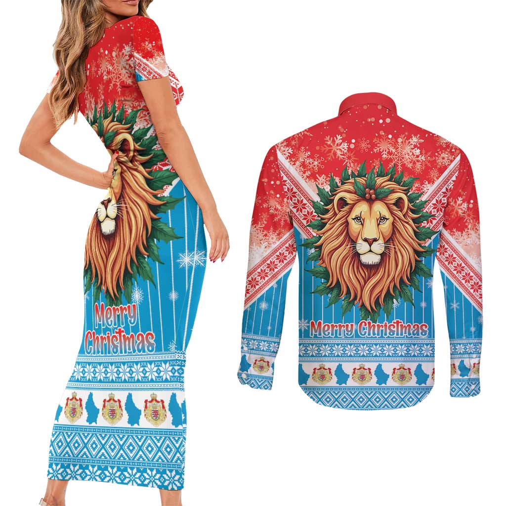 Luxembourg Christmas Couples Matching Short Sleeve Bodycon Dress and Long Sleeve Button Shirt Schei Chreschtdeeg Xmas Pattern - Wonder Print Shop