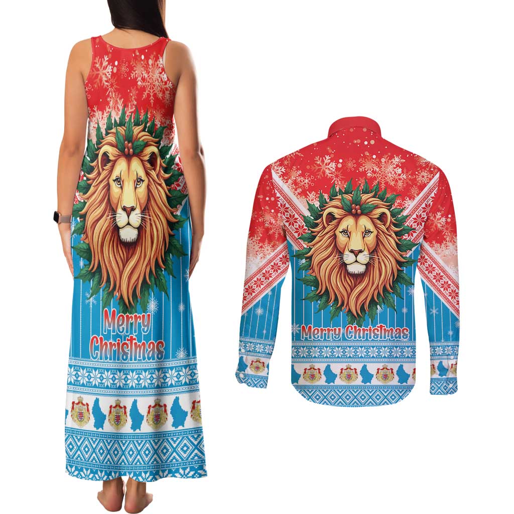 Luxembourg Christmas Couples Matching Tank Maxi Dress and Long Sleeve Button Shirt Schei Chreschtdeeg Xmas Pattern - Wonder Print Shop