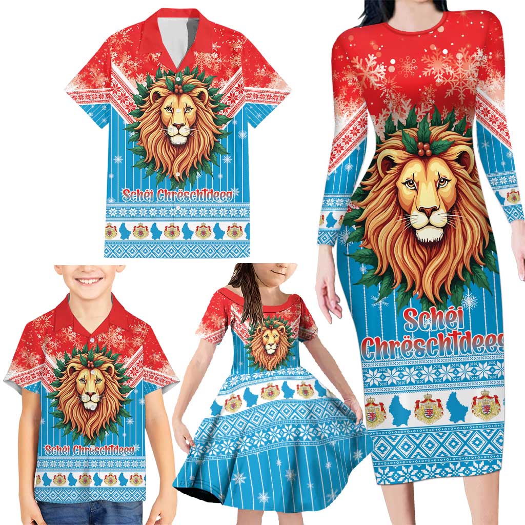 Luxembourg Christmas Family Matching Long Sleeve Bodycon Dress and Hawaiian Shirt Schei Chreschtdeeg Xmas Pattern - Wonder Print Shop
