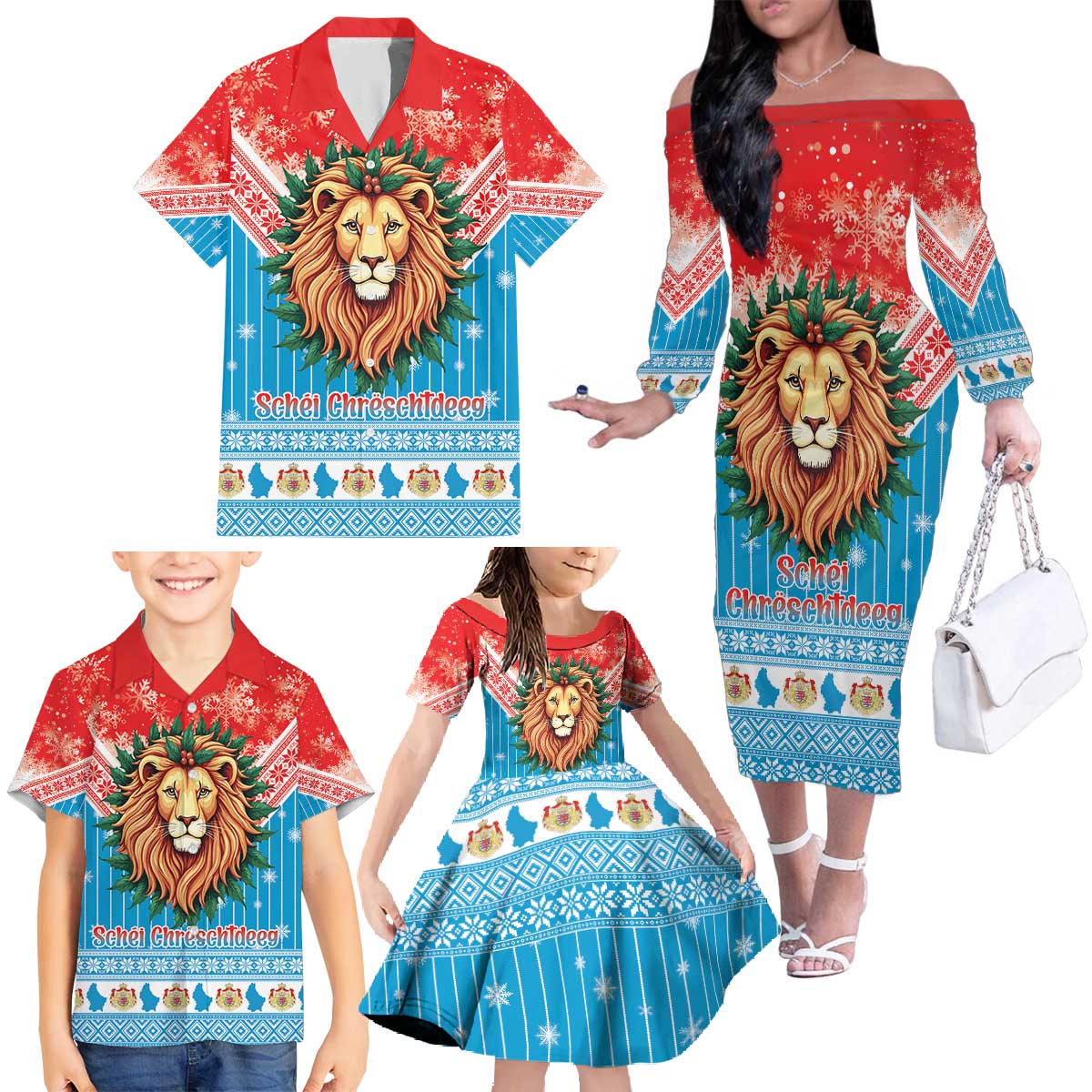 Luxembourg Christmas Family Matching Off The Shoulder Long Sleeve Dress and Hawaiian Shirt Schei Chreschtdeeg Xmas Pattern - Wonder Print Shop