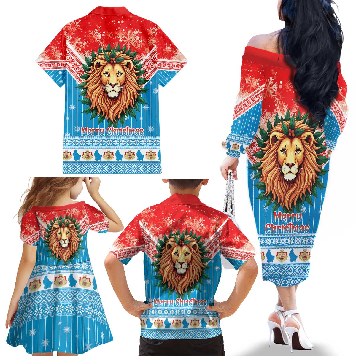 Luxembourg Christmas Family Matching Off The Shoulder Long Sleeve Dress and Hawaiian Shirt Schei Chreschtdeeg Xmas Pattern - Wonder Print Shop