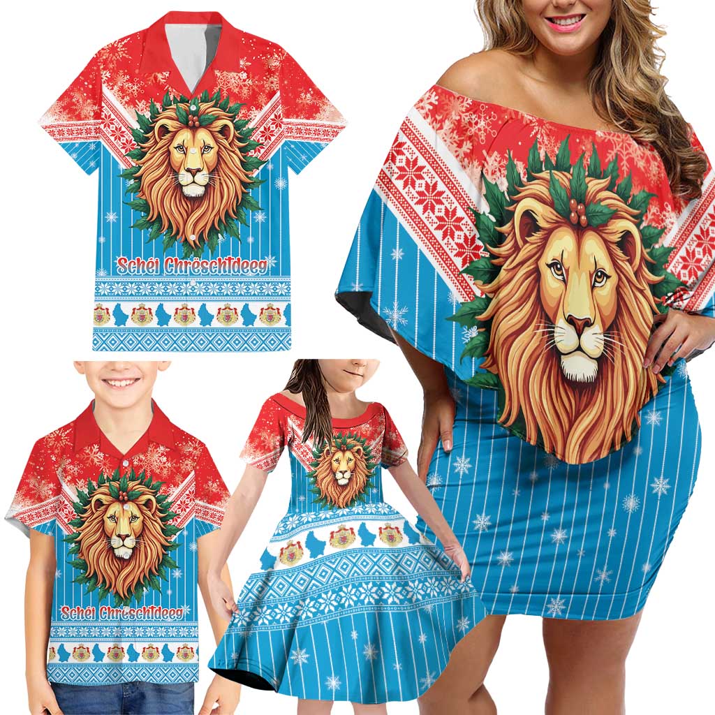 Luxembourg Christmas Family Matching Off Shoulder Short Dress and Hawaiian Shirt Schei Chreschtdeeg Xmas Pattern - Wonder Print Shop